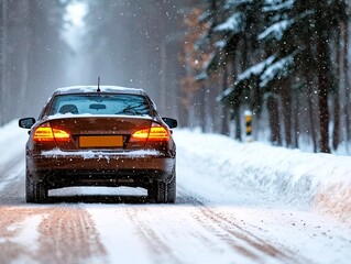 Wall Mural - Snowfall power storm concept. A car drives down a snowy road surrounded by trees, with snow gently falling, creating a serene winter landscape.