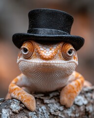 Wall Mural - A charming orange chameleon wearing a tiny top hat, perched on a tree branch.  A whimsical and humorous close-up shot.