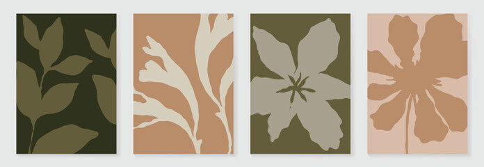 Wall Mural - set of abstract foliage poster vector. leaves, flower, organic shapes, earth tone colors, leaf branc