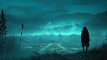 Wall Mural - Mysterious Landscape with Silhouette in Foggy Twilight Scene