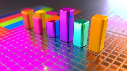 Fototapete - A D bar graph with bright, glossy bars in multiple colors, representing financial data with an abstract tech background