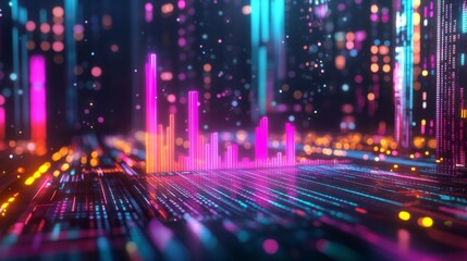 Poster - a d financial bar chart with sharp, colorful bars in an upward trend, surrounded by glowing lights a