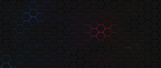 Wall Mural - abstract hexagons honeycomb texture neon background, futuristic technology backdrop banner design, v