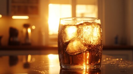 Aufkleber - A chilled beer glass with ice, condensation forming on the outside, placed on a countertop with a warm, inviting background and soft lighting highlighting the texture