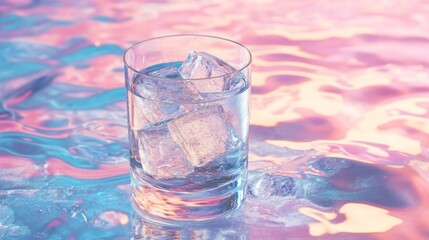 Poster - A chilled glass of soda filled with large ice cubes and sparkling bubbles, sitting on a cool, smooth surface with soft natural light highlighting the texture
