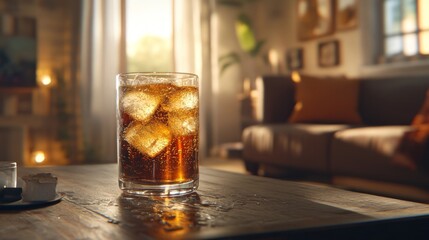 Poster - A chilled glass of soda filled with large ice cubes and sparkling bubbles, sitting on a cool, smooth surface with soft natural light highlighting the texture
