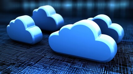 Poster - Glowing Blue Cloud with Data Center Background, Digital Grid Network, and Technology Icons in Dark Virtual Space