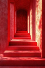 Poster - Minimalist concrete cubes against textured red wall in sunlight