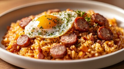 Poster - A close-up of a vibrant dish of American fried rice with sausage, egg, and vegetables, garnished with herbs, and served on a clean white plate