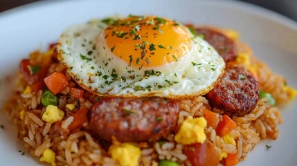 Poster - A close-up of a vibrant dish of American fried rice with sausage, egg, and vegetables, garnished with herbs, and served on a clean white plate