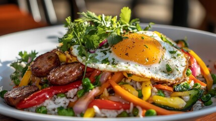 Poster - A close-up of a vibrant dish of American fried rice with sausage, egg, and vegetables, garnished with herbs, and served on a clean white plate