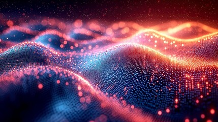 Poster - Abstract Cosmic Waves: Glowing Particles and Energy Flow in Vibrant Red, Blue, and Orange Hues