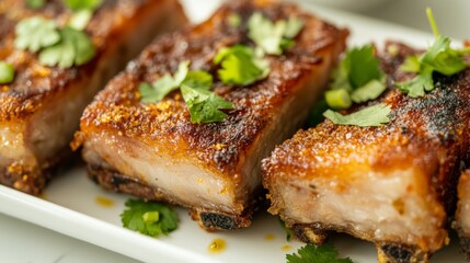 Poster - A close-up of fried pork belly slices coated with a crispy, golden crust, topped with fish sauce and served with a garnish of fresh herbs, under soft natural lighting