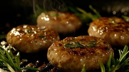 Poster - A close-up of juicy sausages being grilled, with golden-brown coloring and a hint of char, surrounded by fresh herbs and spices, captured with soft lighting