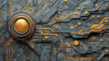 Poster - Abstract Futuristic Circuit Board Texture: Golden and Grey Metallic Design, Cyberpunk Style Digital Art Background