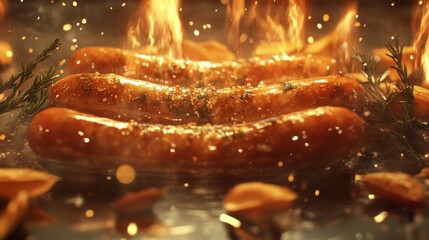 Poster - A close-up of juicy sausages being grilled, with golden-brown coloring and a hint of char, surrounded by fresh herbs and spices, captured with soft lighting