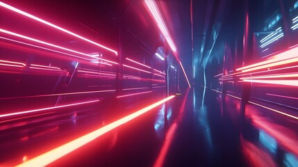 Poster - Dynamic light trails neon tunnel digital art futuristic environment low angle view motion concept