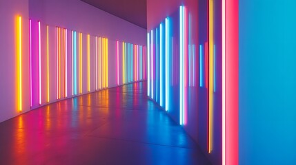 Poster - Vibrant light installation art contemporary gallery visual display urban space interior perspective modern aesthetics