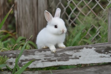 Wall Mural - A baby rabbit is sitting on a wooden fence post