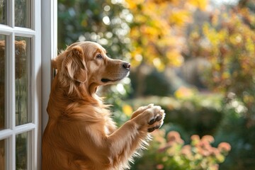 Wall Mural - A dog is looking out the window with its paws on the glass