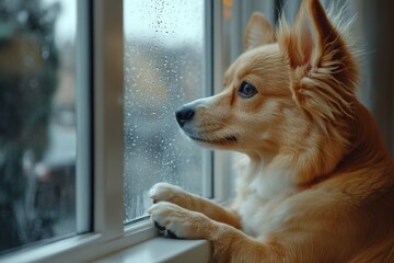 Wall Mural - A dog is looking out the window with its paws on the glass