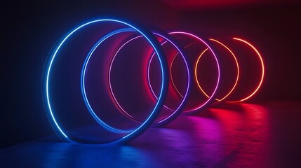 Poster - Dynamic light installation featuring neon circular patterns urban gallery digital art modern space vibrant colors