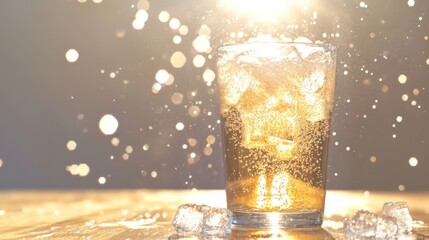 Poster - A close-up shot of a glass filled with sparkling soda and ice cubes, with bubbles rising to the surface, placed on a wooden table with soft lighting