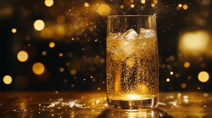 Poster - A close-up shot of a glass filled with sparkling soda and ice cubes, with bubbles rising to the surface, placed on a wooden table with soft lighting