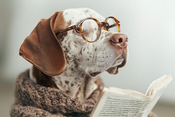 Wall Mural - A dog is wearing glasses and reading a newspaper