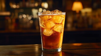 Poster - A cold glass of beer filled with ice cubes, condensation dripping down the sides, placed on a wooden surface with soft lighting highlighting the refreshing look