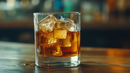 Poster - A cold glass of beer filled with ice cubes, condensation dripping down the sides, placed on a wooden surface with soft lighting highlighting the refreshing look