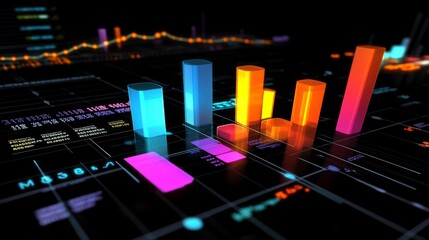 Leinwandbilder - A colorful D bar graph with glowing, stacked bars, illustrating progress and data analysis in a vibrant, high-tech setting