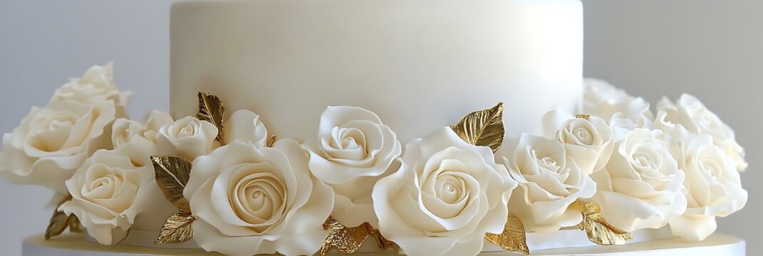 Wedding Cake Decorated with White Roses and Gold Leaf Accents