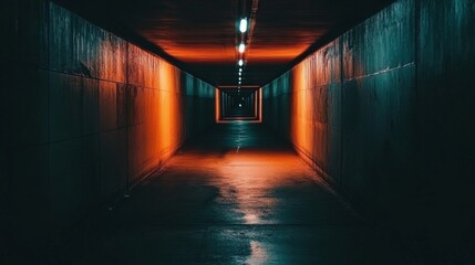 Poster - A dimly lit subway tunnel with smooth concrete walls and track rails leading into the distance, illuminated by soft lights along the walls, creating a mysterious atmosphere
