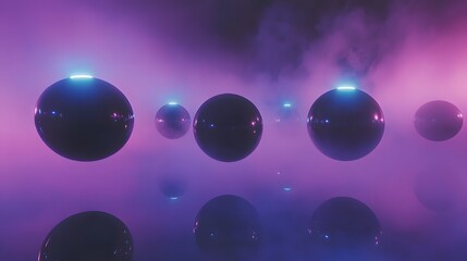 Poster - Dynamic neon spheres in foggy environment abstract art visualization futuristic design digital realm