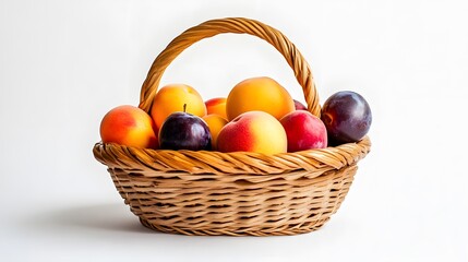 Wall Mural - 7. A wooden fruit basket containing ripe peaches, plums, and nectarines, placed on a white background