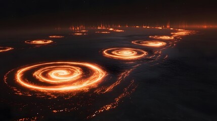 Poster - Fiery spiral patterns emerge from ocean's depths abstract art nighttime surreal aerial view conceptual visualization