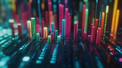 Poster - A futuristic D bar graph with colorful, glowing bars rising on a digital screen, showcasing financial growth and performance over time