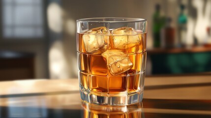 Poster - A glass of beer with ice, sitting on a bar counter with reflections from the ice cubes and golden liquid, creating a refreshing and inviting atmosphere