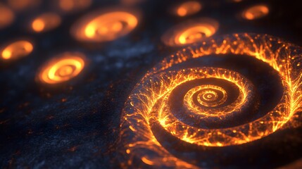 Poster - Erupting lava spiral volcanic landscape digital artwork fiery environment close-up view abstract concept
