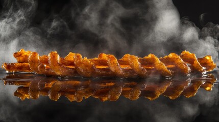 Poster - A group of bacon strips freshly cooked, laid out on a kitchen counter, surrounded by a faint mist of steam, capturing their golden, crispy appearance