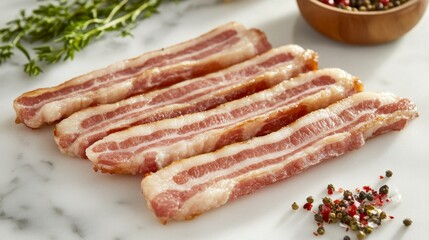 Poster - A group of bacon strips freshly cooked, laid out on a kitchen counter, surrounded by a faint mist of steam, capturing their golden, crispy appearance