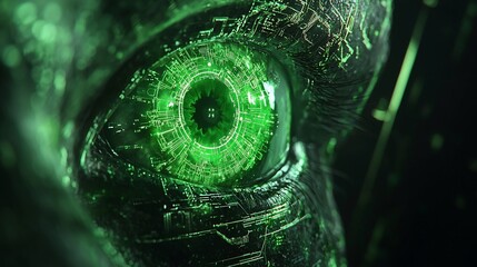 Poster - Close-up of a futuristic glowing green eye with digital circuitry.