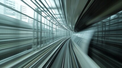 Fototapete - A high-speed train traveling through a high-tech station, with modern architecture in the background and the trains streamlined design standing out