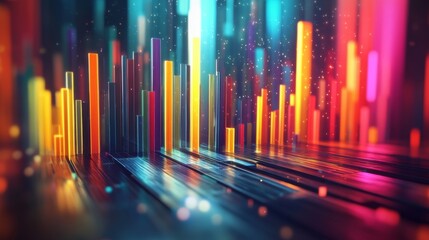 Poster - a high-tech d bar graph with sharp, colorful bars representing market performance, with soft lightin