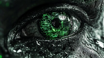 Aufkleber - Close-up of a metallic eye with green circuit board iris.