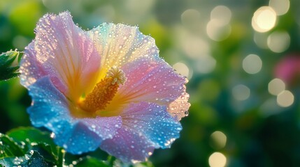 Poster - A macro shot of a colorful flower with sparkling water droplets on its petals, set against a blurred background of green foliage