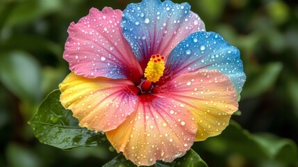 Poster - A macro shot of a colorful flower with sparkling water droplets on its petals, set against a blurred background of green foliage