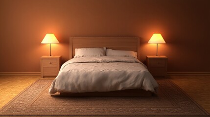 Poster - A minimalistic bedroom with simple furniture, including a bed, a neutral rug, and soft lighting, complemented by a peaceful, uncluttered atmosphere