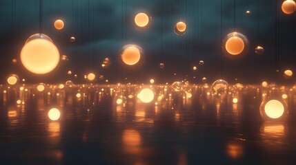 Poster - Floating illuminated orbs serene water surface digital art nighttime aesthetic view light and reflection concept